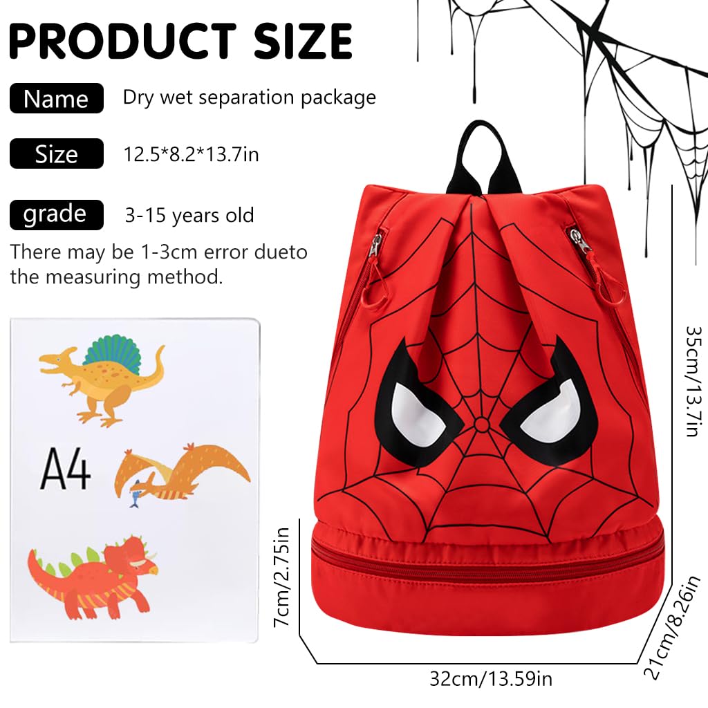 PALAY Swimming Bag for Kids Spider Man Print Shoulder Bag for Kids Large Capacity Backpack for Boys Girls Wet Dry Separation Beach Bag