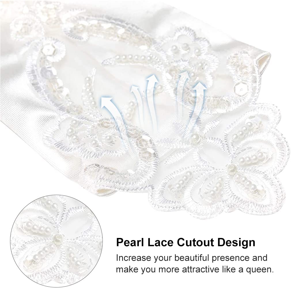 GUSTAVE White Elegant Rhinestone Cuffs Lace Satin Flower Fingerless Tulle Banquet Bowknot Bridal Gloves for Women