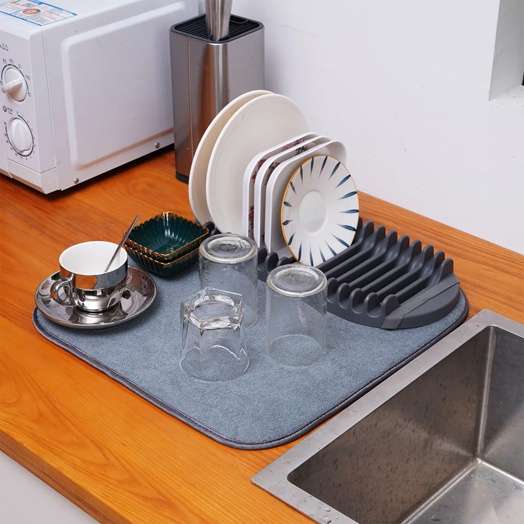 HASTHIP Rack and Microfiber Dish Drying Mat, Removable Dish Rack Tray, Dish Rack & Drying Mat for Kitchen Countertop, Sink - Drain and Dry Wine Glasses, Bowls and Dishes