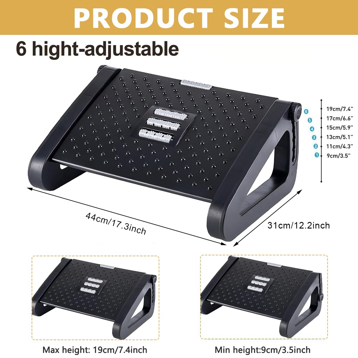 HASTHIP Adjustable Height Foot Rest, Foot Rest Under Desk with Massage Texture and Roller, Relieve Stiffness, Numbness, Promote Leg Circulation, Relieve Leg Pressure, Black