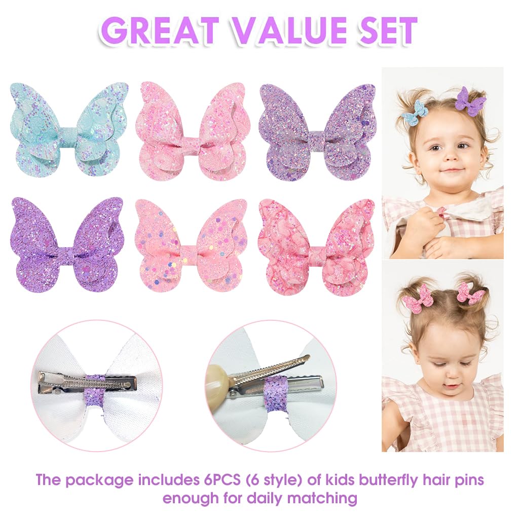 PALAY Hair Clips for Girls Kids 6Pcs Set, Glitter Butterfly Baby Hair Clips, Color Sequin Hair Bows Barrettes Non-slip Hair Accessories for Baby Girls, Toddlers, Children