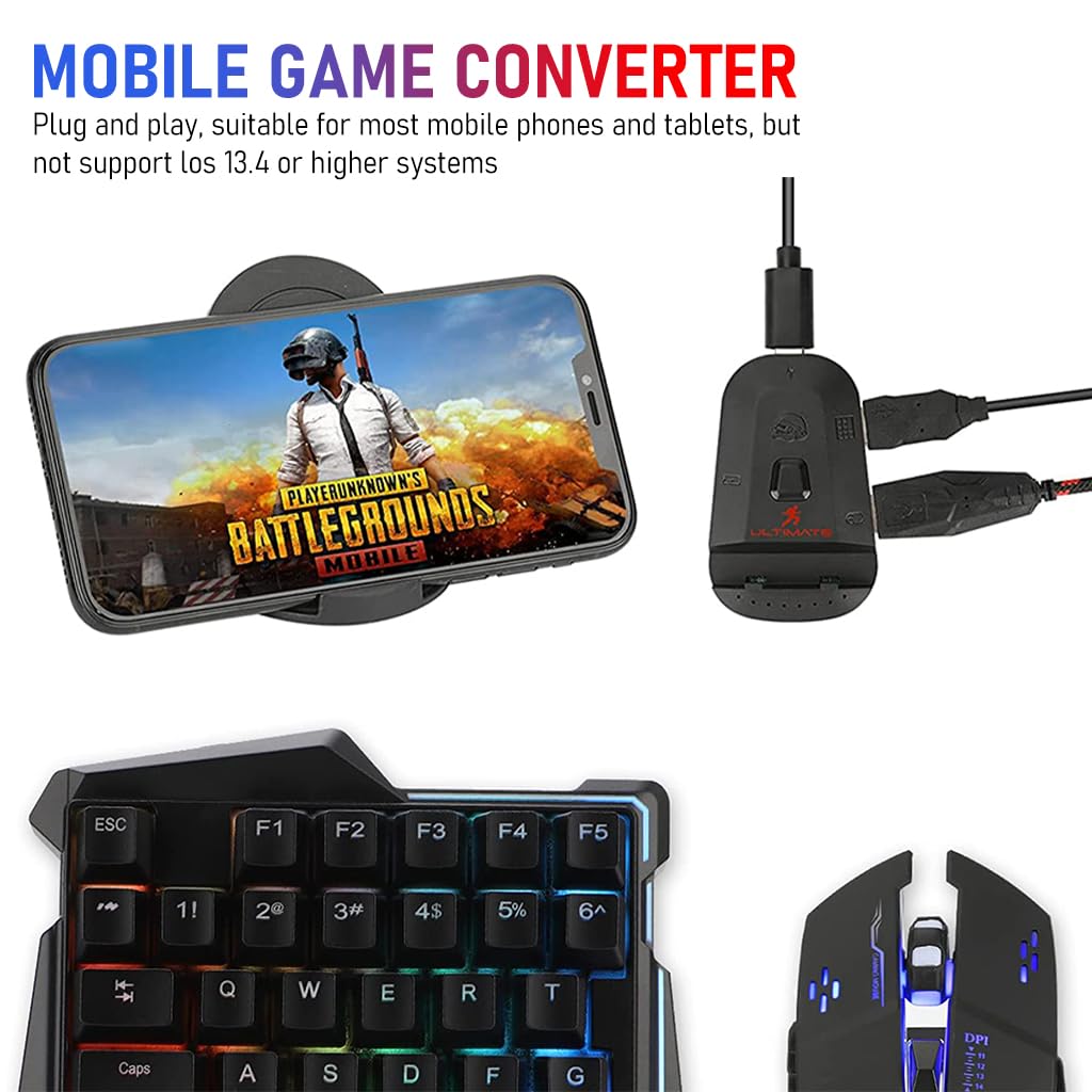 Verilux 4 in 1 One Hand Gaming Keyboard and Mouse Combo, 35 Keys Wired RGB LED Backlit One Hand Keyboard, USB Wired Gaming Mouse, Converter Adapter for PUBG/Laptop PC Game and Work