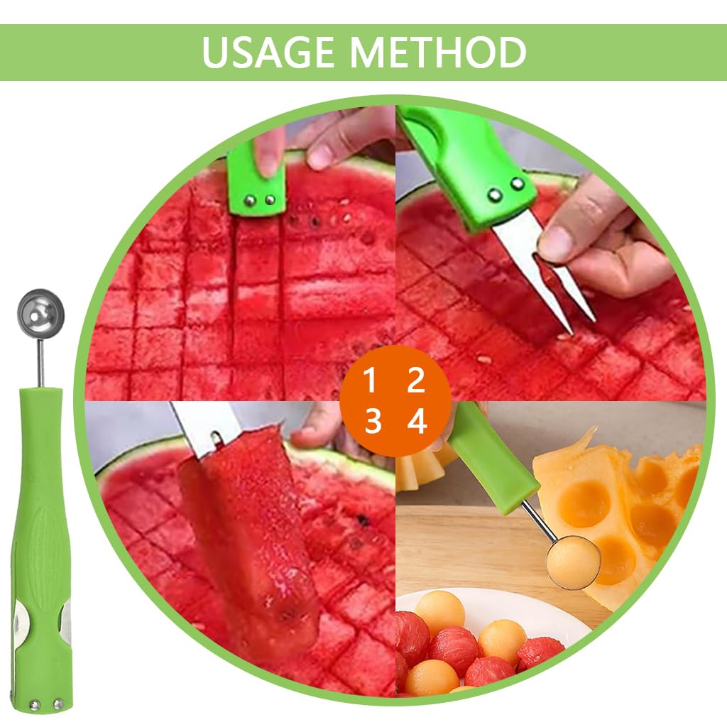 Supvox Melon Baller Fruit Ball Spoon 4 in 1 Melon Scoop Fruit Scooper Tool with Folding Cutter & Fruit Fork Melon Scoop Tool for Cantaloupe, Dragon Fruit, Watermelon, Avocado