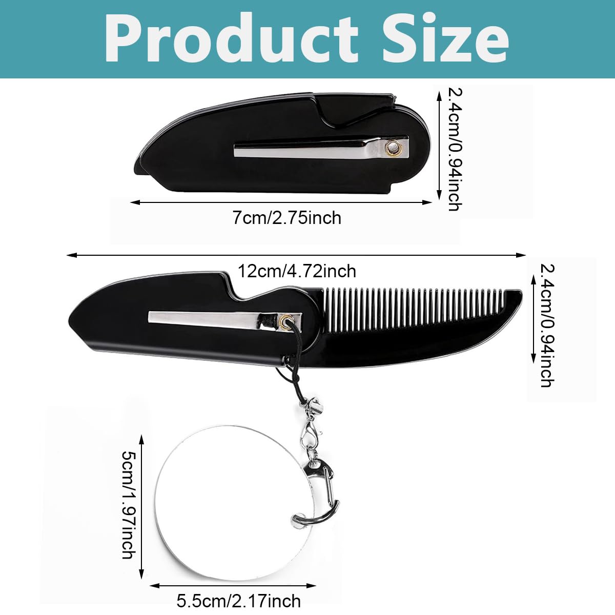 MAYCREATE Beard Comb for Men, Folding Fine Tooth Hair Comb Straightener with Acrylic Mirror, Pocket Styling Comb for Hair, Beard or Mustache