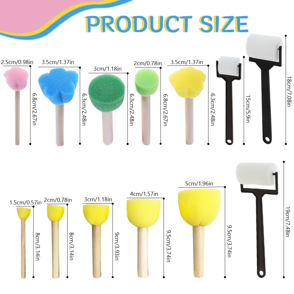 HASTHIP 14Pcs Sponge Art Supplies - 7-Color Acrylic Paint, Diverse Brushes & Rollers, DIY Sponge Art Creative Painting Brush Mixed Shaped Sponge Painting Stick Sponge Art Painting Brush Paint Rollers