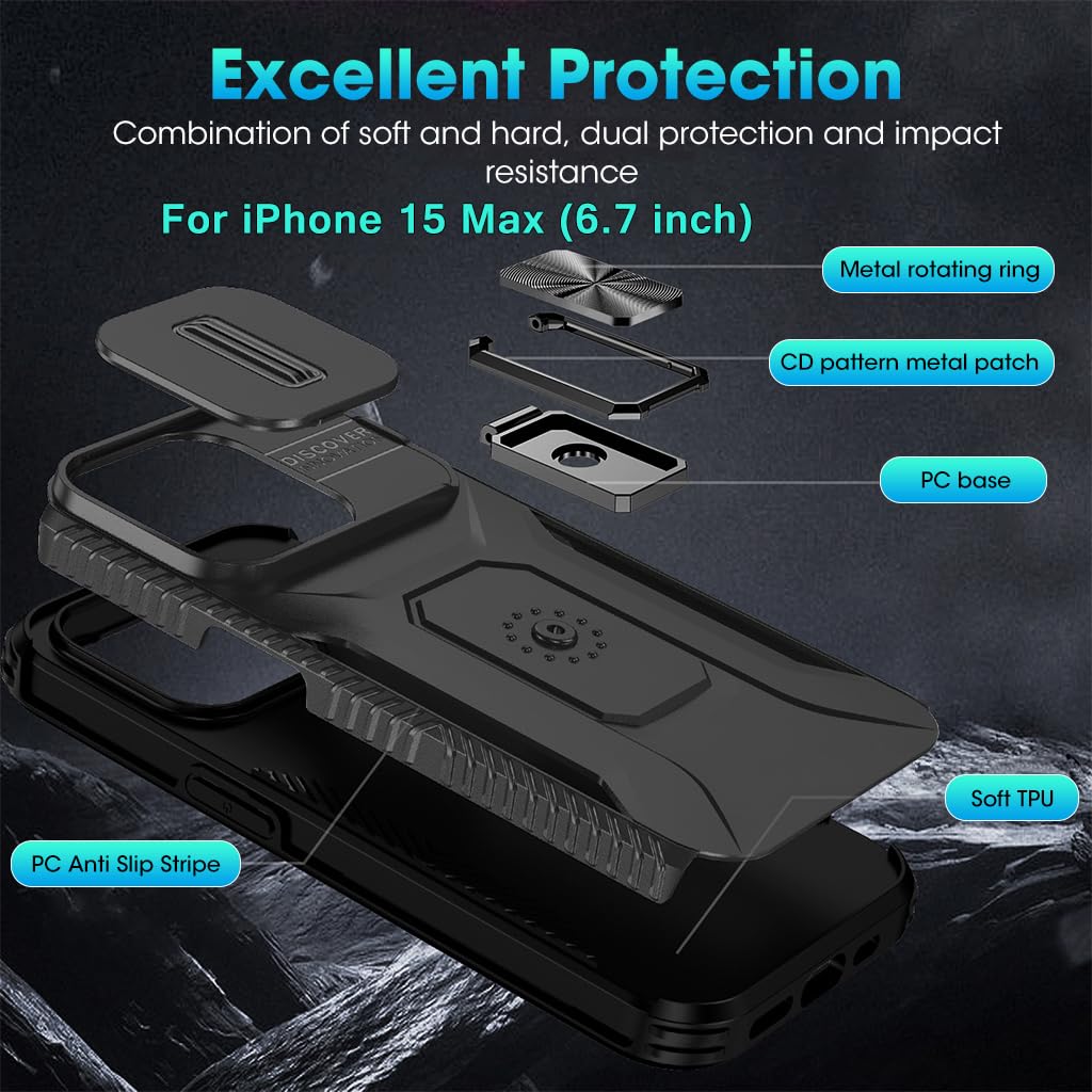 ZORBES Phone Case for iPhone 15 Max Multifunctional Phone Cover with Folding Phone Ring Grip & Sliding Camera Cover, PC Anti-Scratch Phone Case for iPhone 15 Max 6.7 inch Black