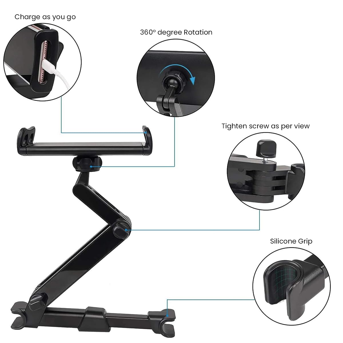 ZORBES Car Tablet Holder, 360° Rotation Headrest Mounted Mobile Ipad Holder, Retractable Tab Holder Clip On for Car Tablet Holder Tablet Bracket for 5-11 Inches Phone or Tablet
