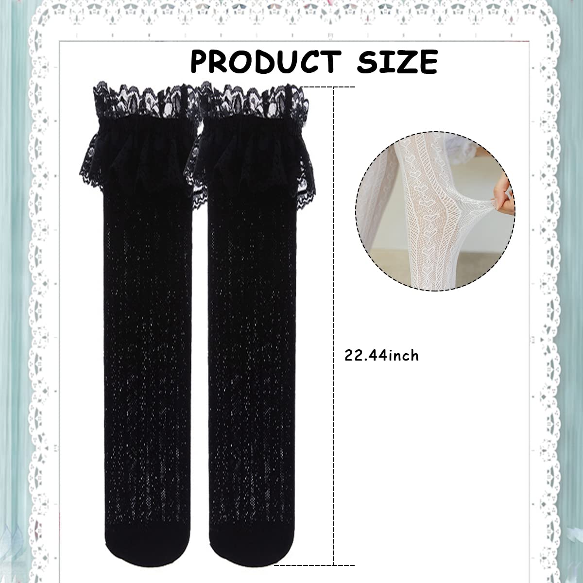 PALAY Lace Knee Length Socks for Women Girls, Lolita Fishnet Thigh High Stockings Heart Striped Ruffled Over Knee High Socks, Fashion Sweet Hollow Out Long Socks (Black, 1 Pair)