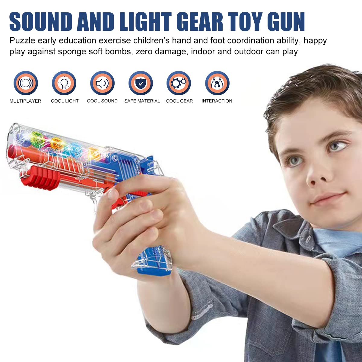 PATPAT Musical Toys for Kids,Transparent 3D Gear Simulation Mechanical Gun Toys with 5pcs Soft Ammunition,LED Flashing Lights and Sound Toys for Kids Boys Girls,Birthday Christmas Gift - Blue