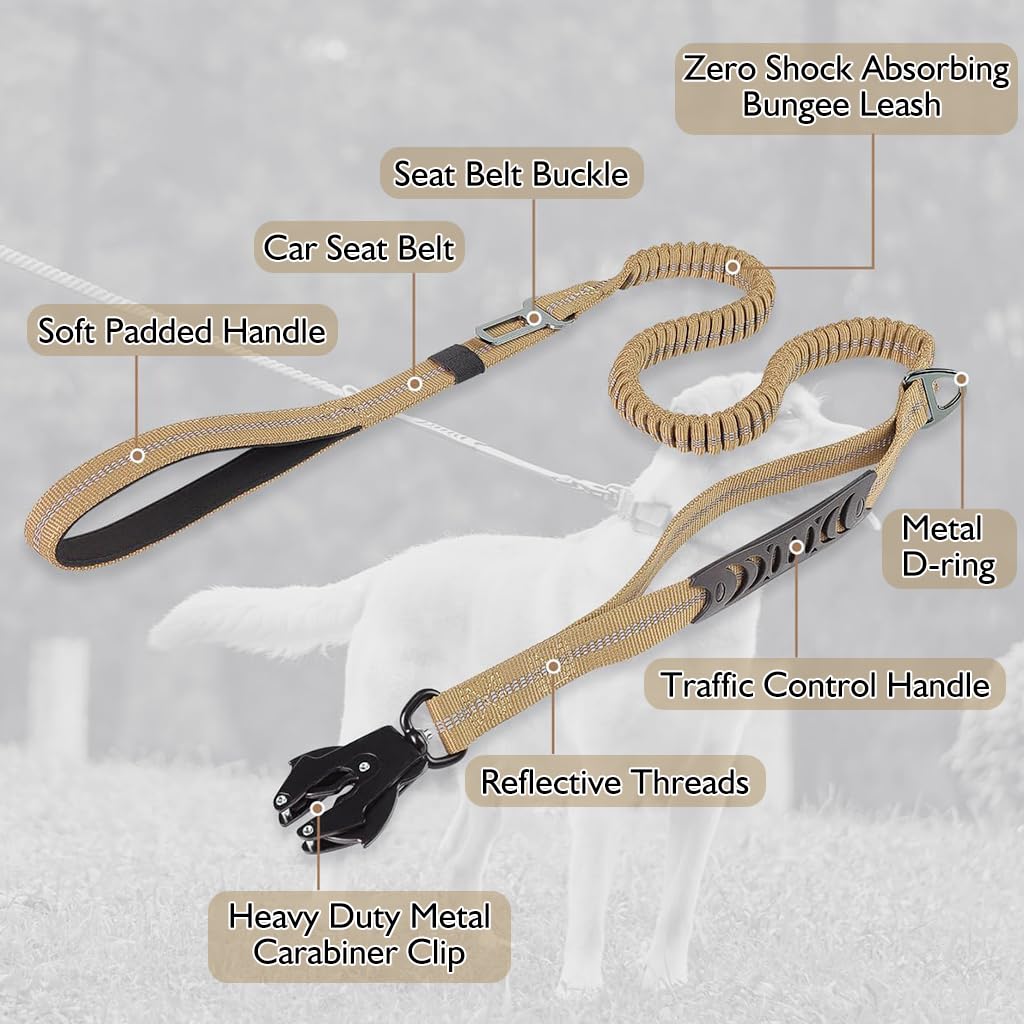 Qpets Tactical Dog Belt Seat Belt, Adjustable Dog Leash with Car Seat Belt Buckle, Safety Dog Seatbelts with 2 Control Handles, Elastic Dog Harness for Medium Large Dog, Reflective(Brown)