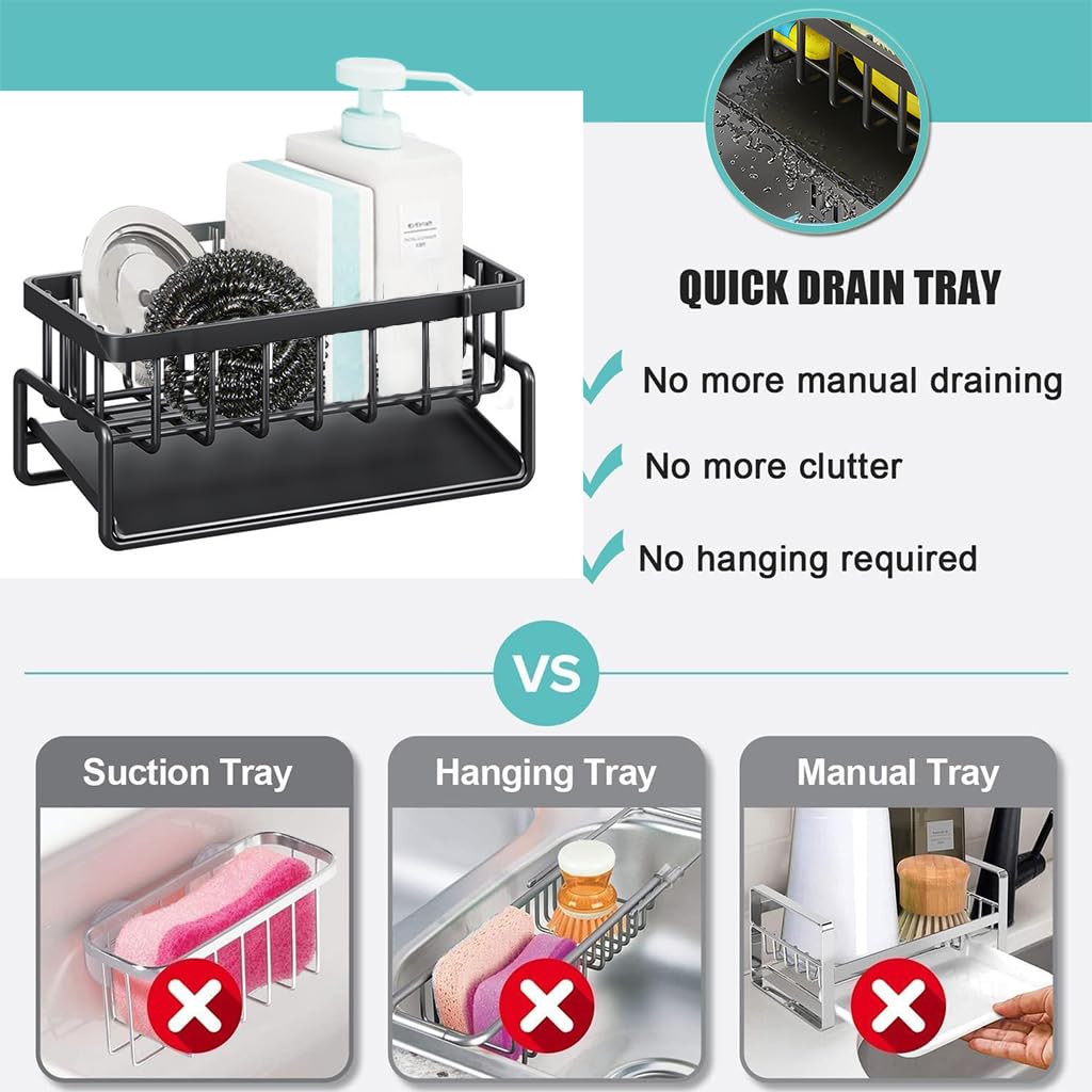 Supvox Kitchen Sink Organizer, Kitchen Sink Drain Rack, Kitchen Sink Caddy Organiser, Sponge Sink Caddy, Stainless Steel Sponge Holder Rack for Dish Soap, Brush, 23x9x10cm (Sliver)
