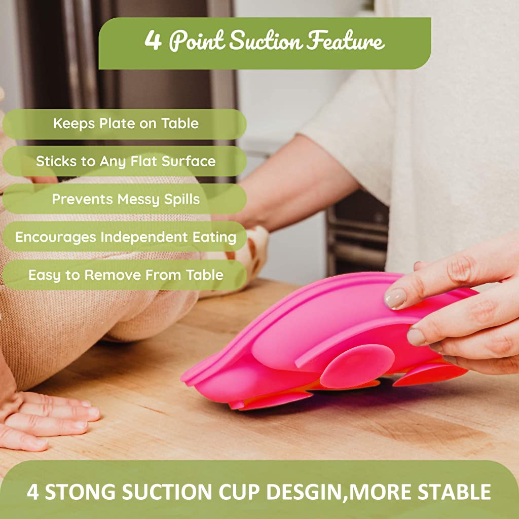 SNOWIE SOFT Baby Suction Plates for Baby Feeding with Lid and 4 Strong Suction Cups, Silicone Toddler Plates with Deep Divided for Kids to Feed Themselves, Dish Washer & Micro-Wave Oven Safe