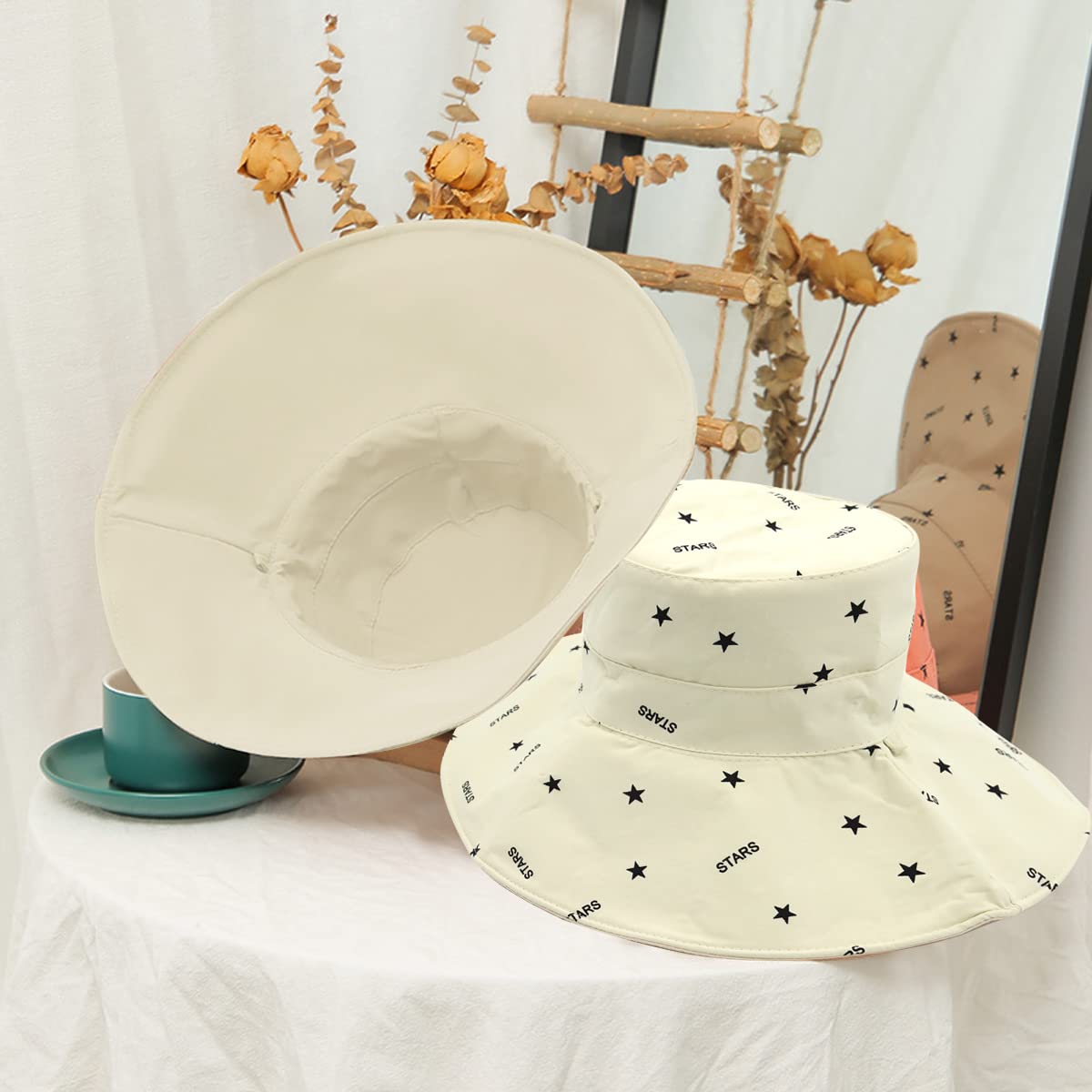 PALAY Bucket Hat for Women, Wide Brim Sun Hats for Women, Breathable Cotton Beach Hat Reversible Solid Color & Prints Cap for Daily, Travel, Camping, Fishing (Beige)
