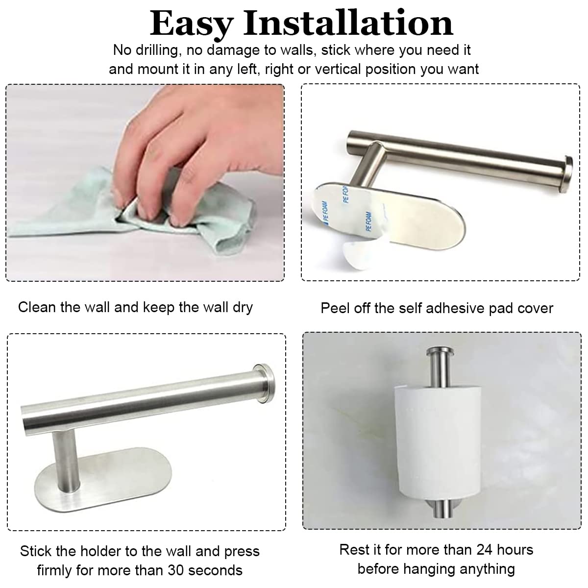 HASTHIP Toilet Paper Holder Self Adhesive, Thicken 304 Stainless Steel Rustproof Adhesive Toilet Roll Holder no Drilling for Bathroom, Kitchen, Washroom, Chrome Finish, 16 * 4.5 * 8.2CM (Silver)