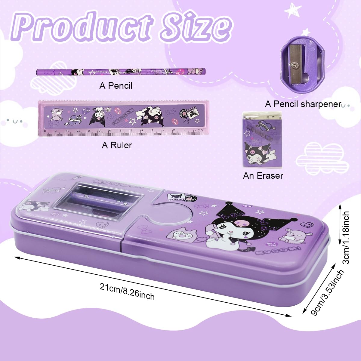 Climberty Kuromi Cartoon Pencil Box with Sharpener & Eraser - Double Layer Metal Purple Kuromi Pencil Box, Ideal for School & Birthday Gifts, Cartoon Pencil Childeren's Day Birthday Gift (Purple)