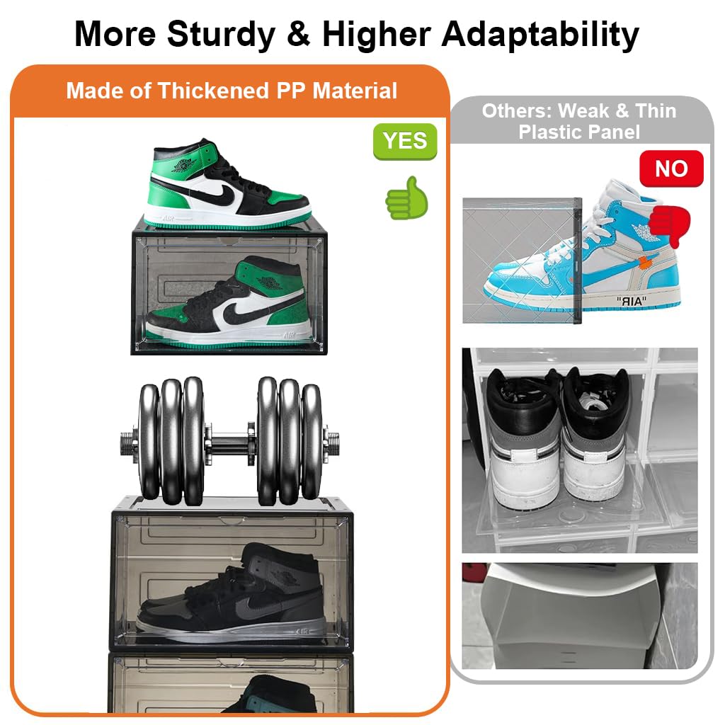 HANNEA Shoe Box Plastic Shoe Boxes Storage Separate Shoes Box with Magnet Door Stackable Shoe Organizer Universal Size Sneaker Shoe Box for Men Shoes Box for Women 4Packs