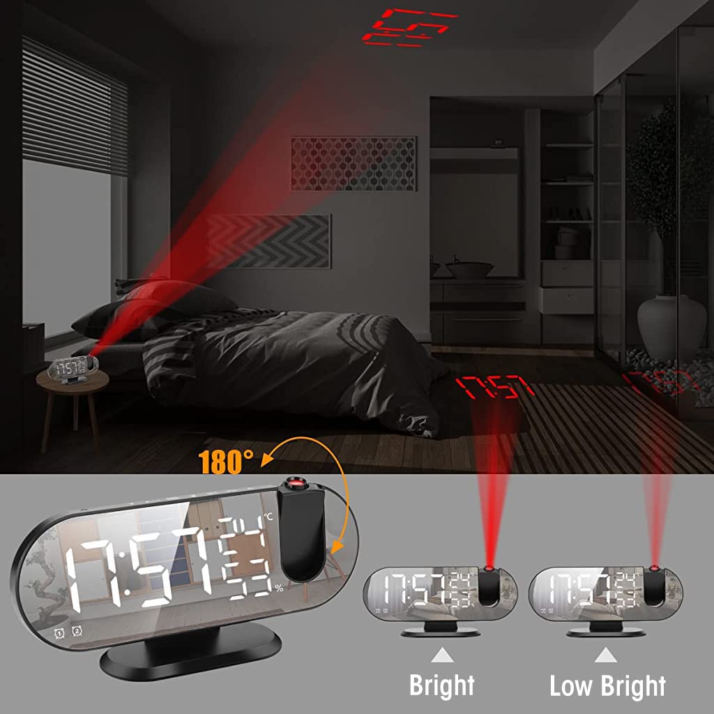 HASTHIP Projection Alarm Clock, 8.2 inch LED Mirror Digital Alarm Clock with USB Port, 180° Rotable Projector, FM Radio, Temperature & Humidity Display, 12/24H, Dual Alarm, Snooze, 3 Dimmer (Black)