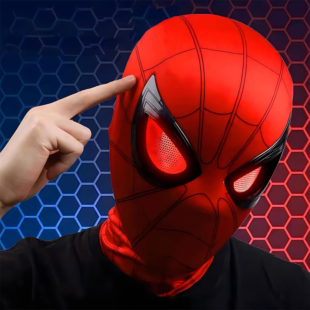 FANCYKU Halloween Mask Cosplay Spider Man Mask with Illuminated Moving Eyes Elastic Spider Man Mask for Kids Adults Party Dressing Up Prop Halloween Dress Up Mask Gift for Kids