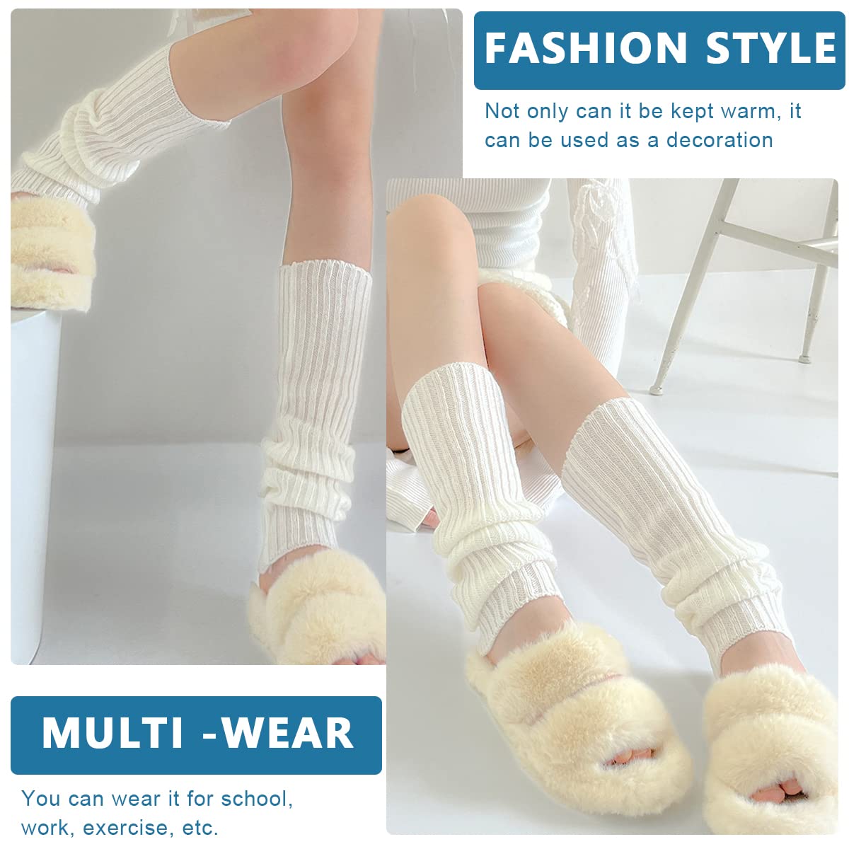 GUSTAVE Cream White Knit Leg Warmers for Women and Girls,Calf Cuffs Stocking 80s Fall Winter Boot Socks for Party,Sports and Yoga