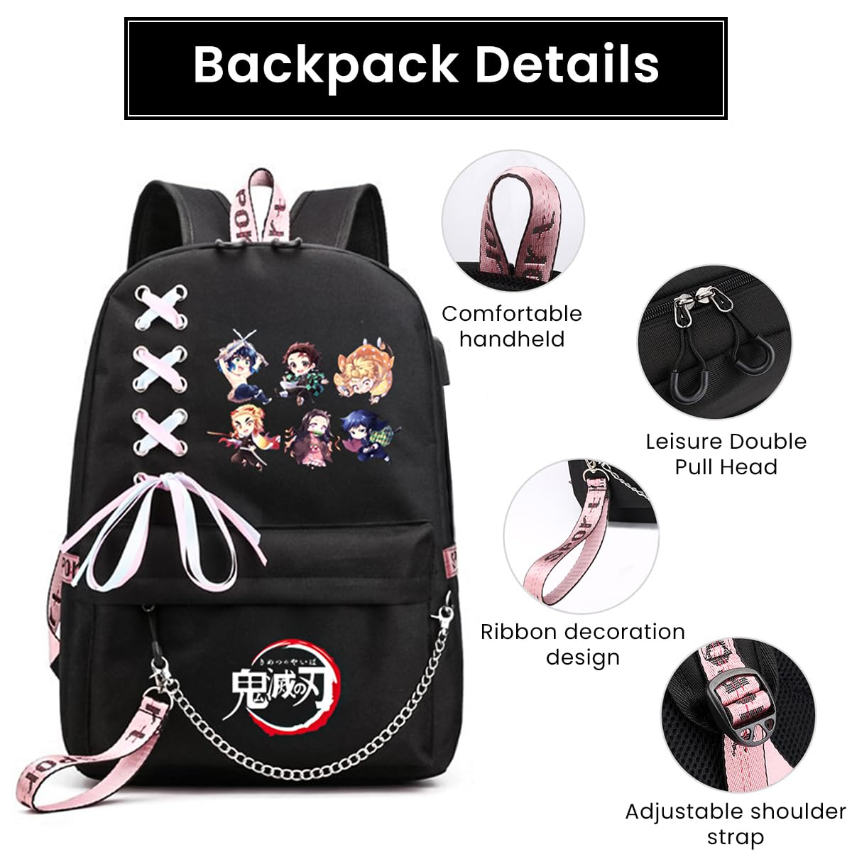 PALAY Demon Slayer Anime Backpack with USB Charging Port and Headphone Jack, Girls Large Travel Backpack 14 Inches Laptop Bag Cartoon Anime Print Backpack School Gift for Kids (Black)