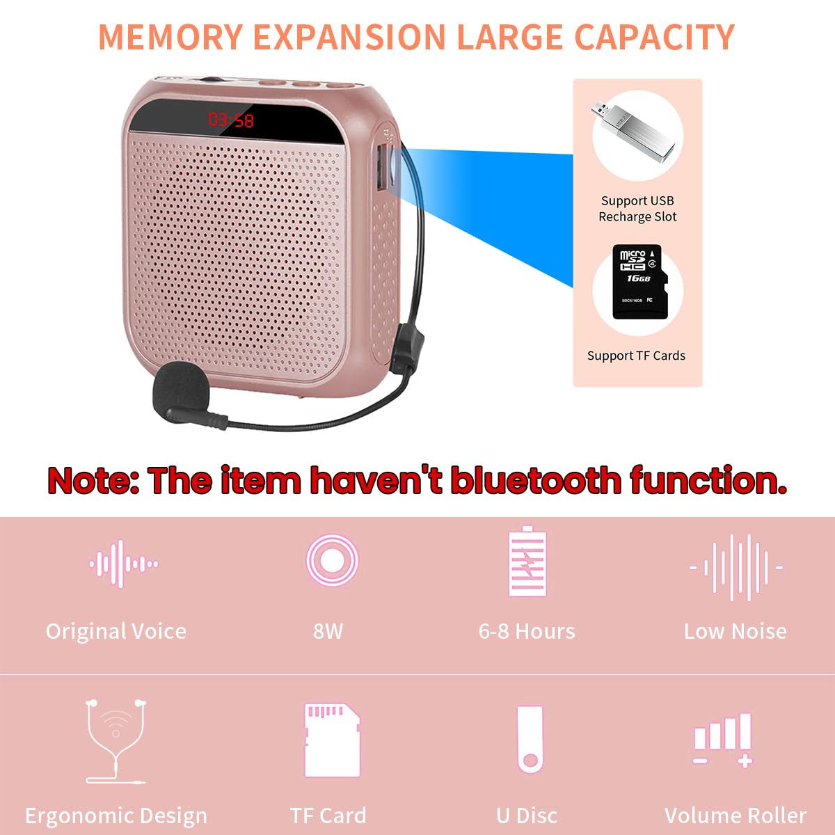 ZORBES Voice Amplifier Microphone Headset Set 1800 mAh, USB Rechargeable Support TF Card/Flash Drive, with Strap Belt, Portable Voice Amplifier for Teachers, Classroom, Meetings, Yoga, Tour Guides