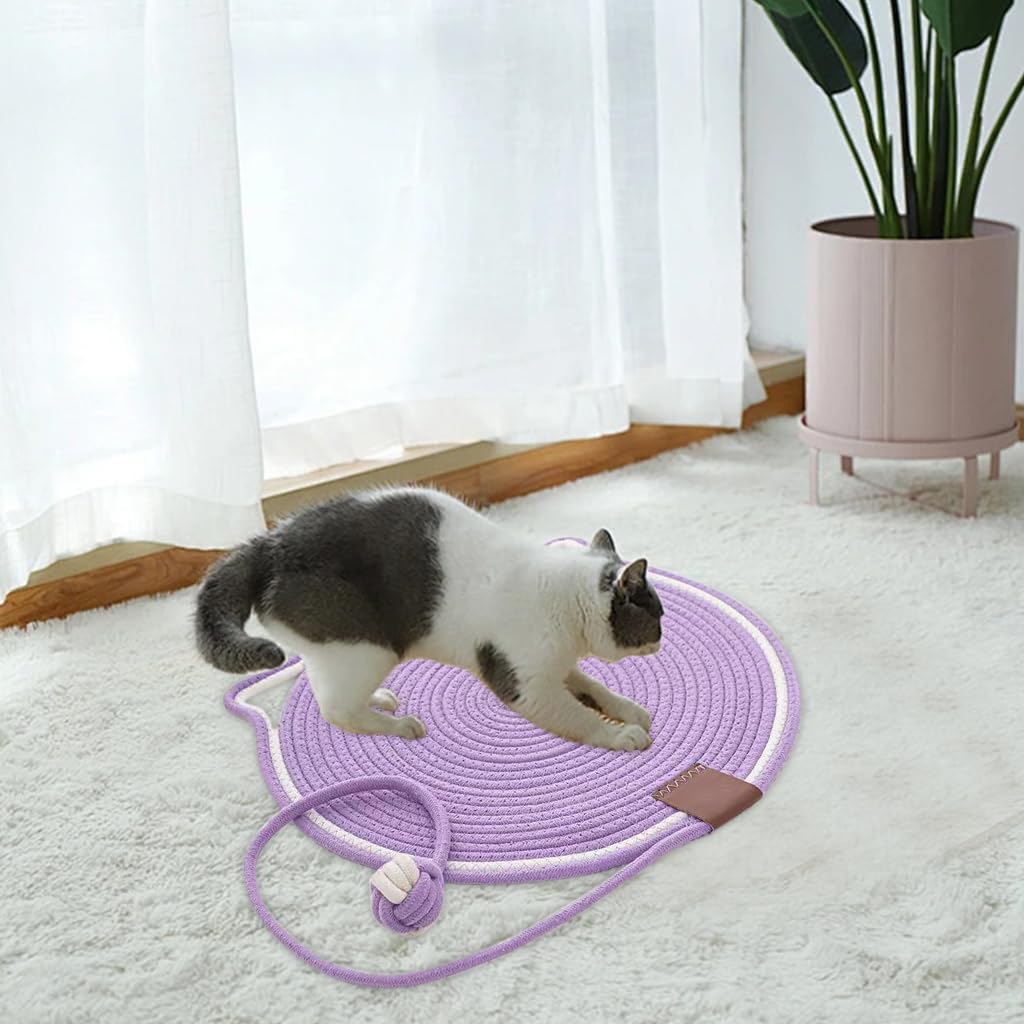 Qpets Cat Scratcher Mat Cotton Rope Cat Toy Wall Hanging Cat Scratcher Mat 16.5 Inches Cat Ear Lovely Purple Cat Scratcher Mat