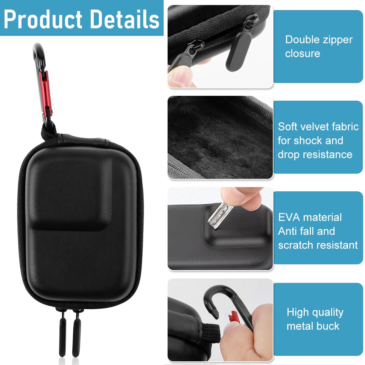 ZORBES Carrying Case for OSMO Action 5 Pro/4/3 Waterproof PU Hard Shell Storage Bag Plush Lining Design Action Camera Travel Case with Handstrap & Carabiner, 9.8 * 7.6 * 4.5cm