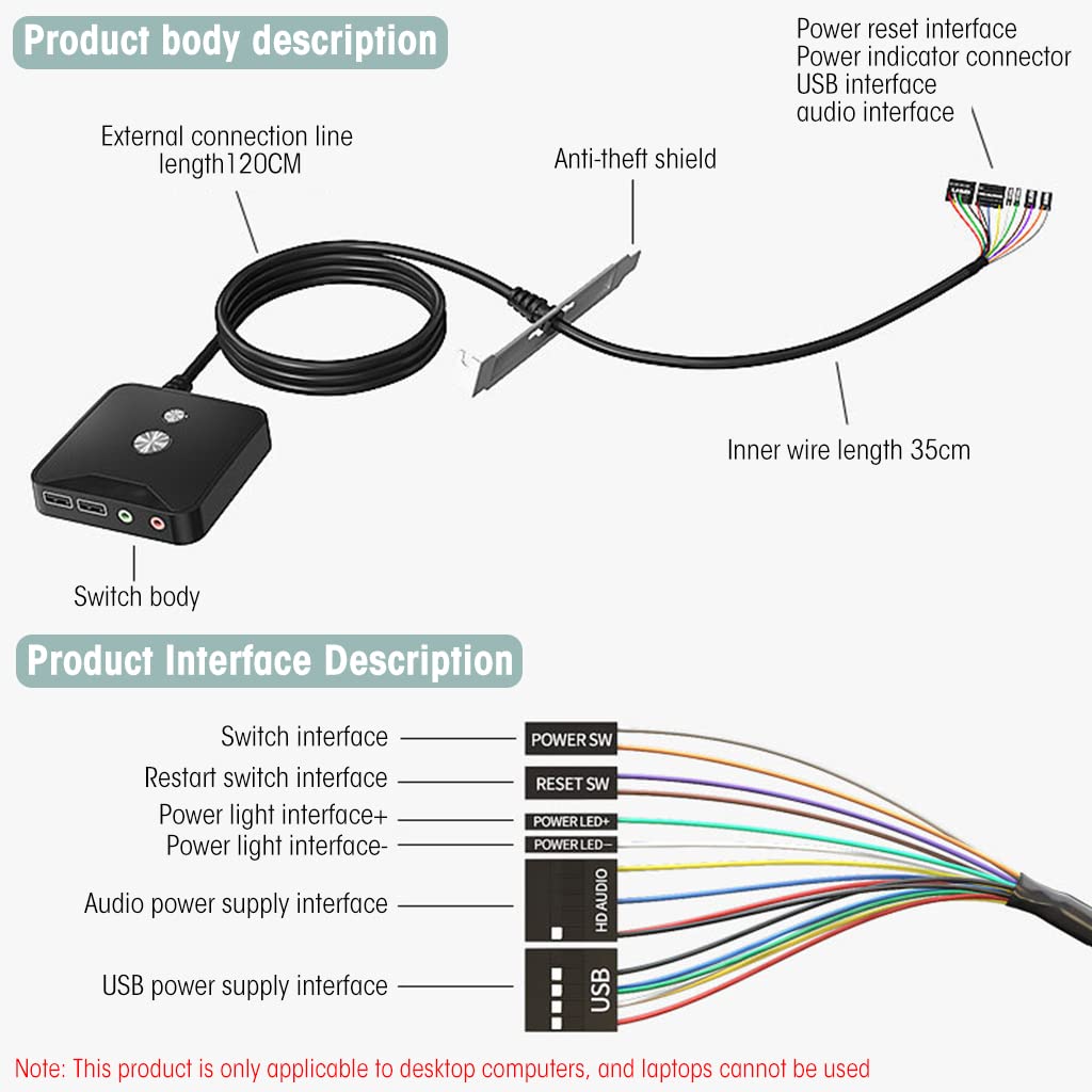 Verilux Desktop Computer Power Switch,Desktop Pc Power,Computer On/Off Switch,Push Button Cpu Power Switch Button,2 Usb Port&3.5Mm Audio Jacks 1.6M Cable Computer Host Modification Switch Power