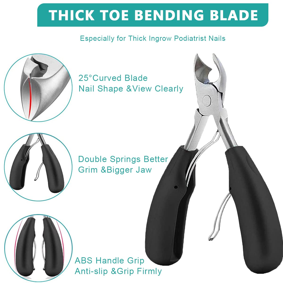 HASTHIP Professional Heavy Duty Curved Blade Ingrown Toenail File Correction Clippers Tool Manicure Set with Storage Bag for Adults, Seniors Thick Nails