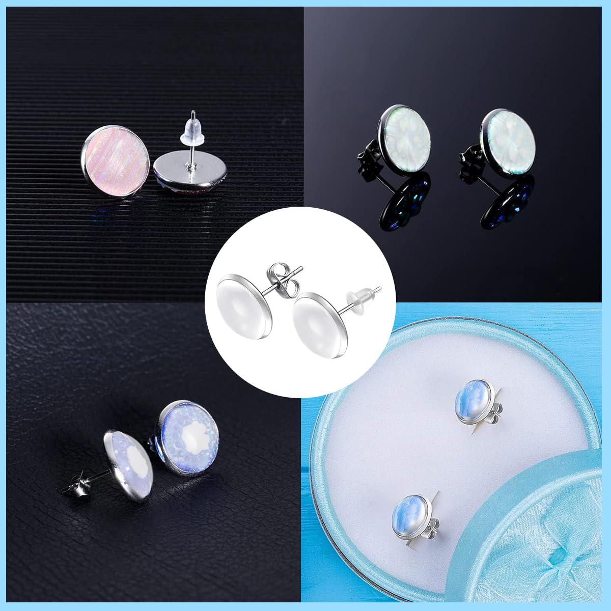 MAYCREATE 200 Pieces Studs Earrings for Women Studs Earrings with Silicone Earrings Back Stopper Stainless Steel Round Ear Stud Bases Transparent Studs Earrings for DIY Jewellery Making