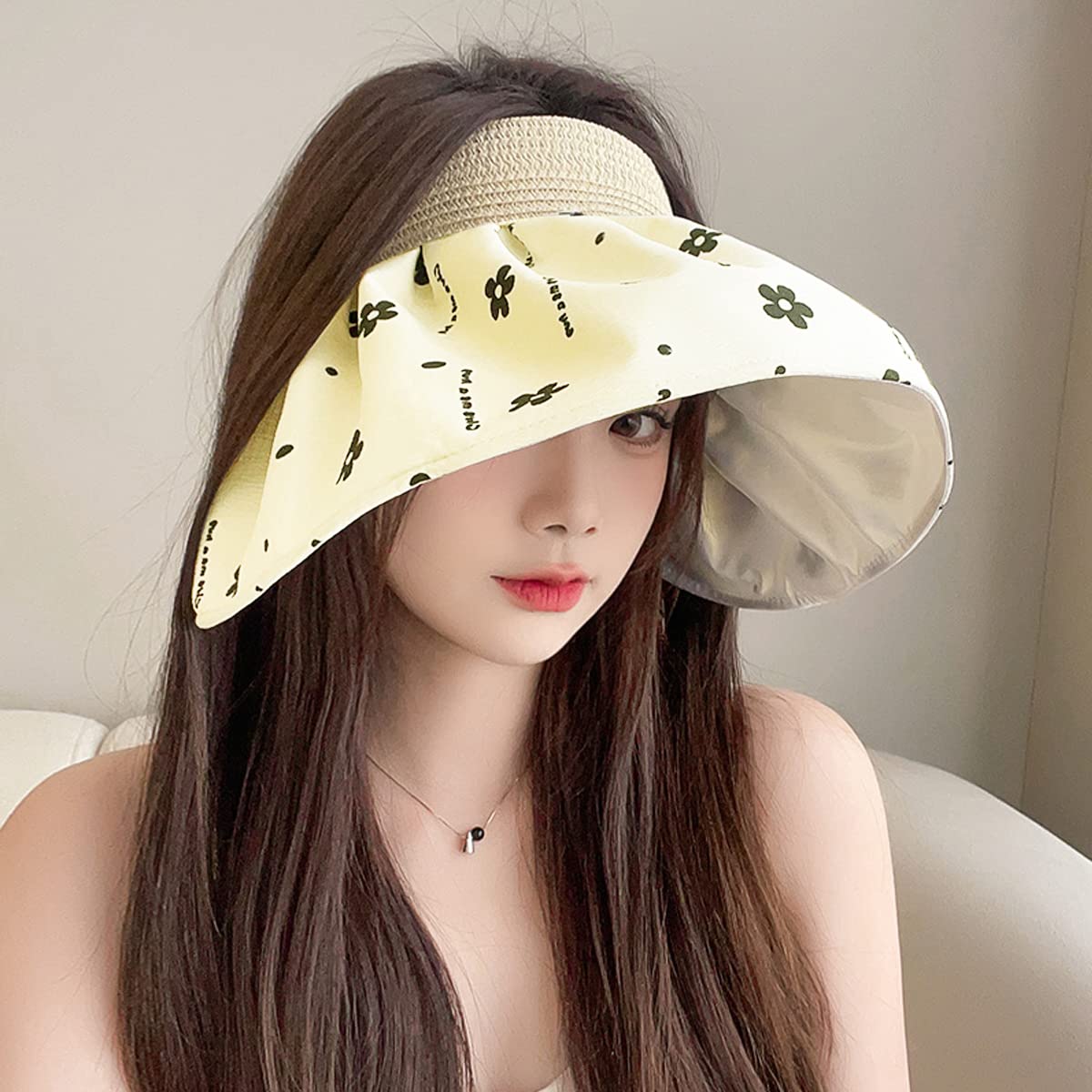 PALAY Sun Hat for Women Foldable Fashion Sun Caps for Women Ponytail Visor Hat Summer Beach Cap, UV Protection Flower Patterns Wide Cotton Brim Woven Straw Headband Hats Beige