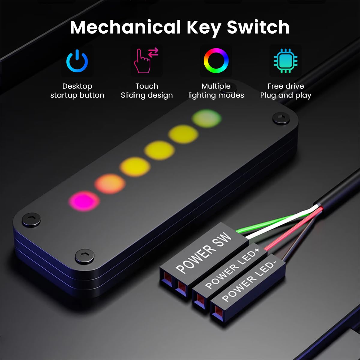 Verilux Desktop Computer Power Switch, PC Power Switch Extension Kit Desktop Finger Slide ON/Off Touch Button Power Switch 7 Color with 2m Cables DIY Modification External Power Button Switch Button