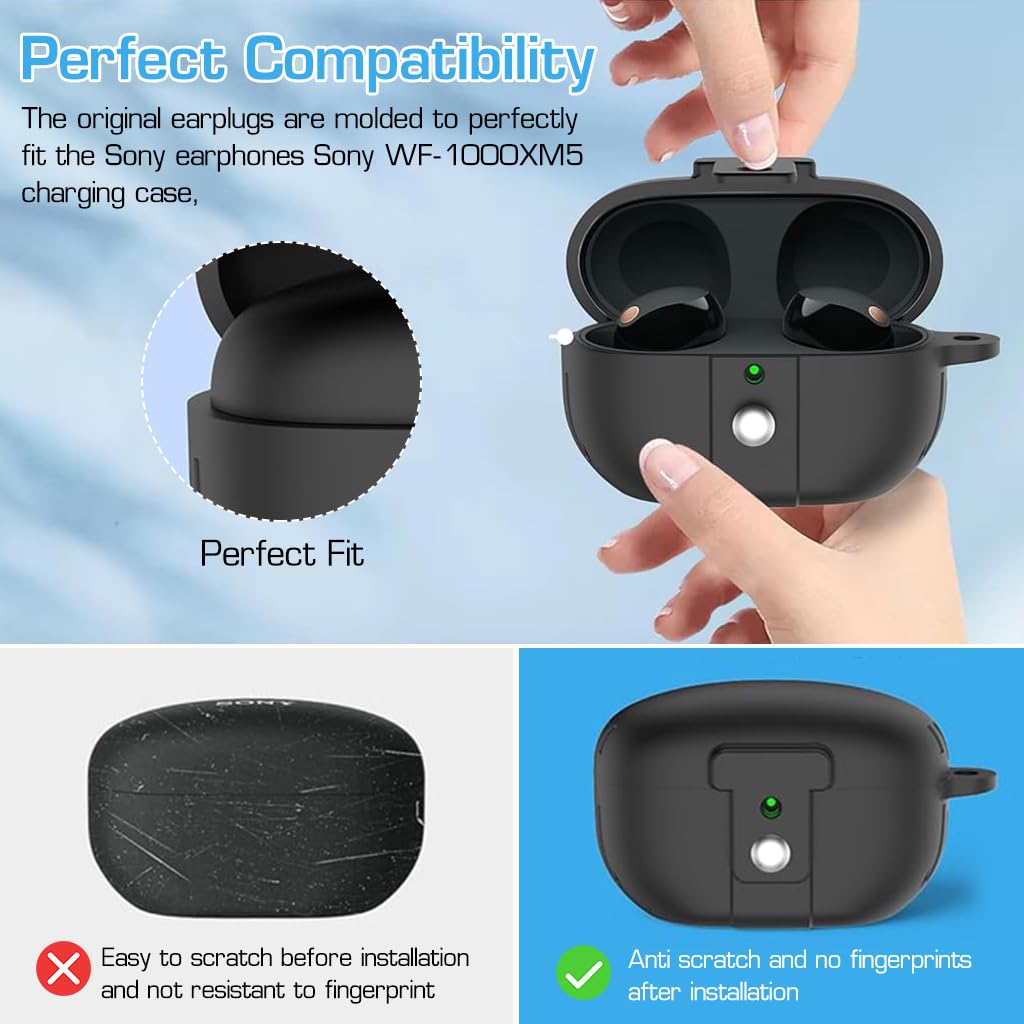 ZORBES Earbuds Case Cover for Sony WF-1000XM5 Earbuds(2023), Silicone Protective Case with Snap Lock Scratchproof Shockproof Wireless Earbuds Cover for Sony WF1000XM5 with Lanyard&Carabiner, Black