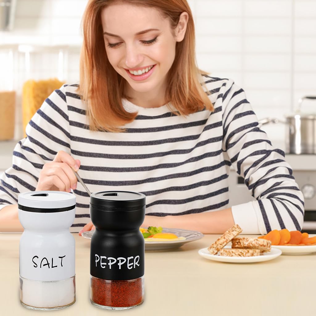 HASTHIP 2Pcs Kitchen Seasoning Jars Glass Spice Jar with Dispensing Lid Pepper Salt Dispenser Powder Curry Powder Jar Refillable Seasoning Jars with Folding Funnel, Mini Utility Brush