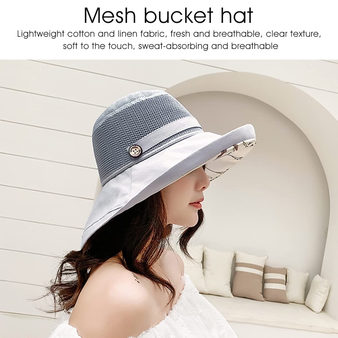PALAY UV Protect Sun Wide Brim Hats for Women, Summer Breathable Casual Mesh Cotton Foldable Bucket Hat (Grey)