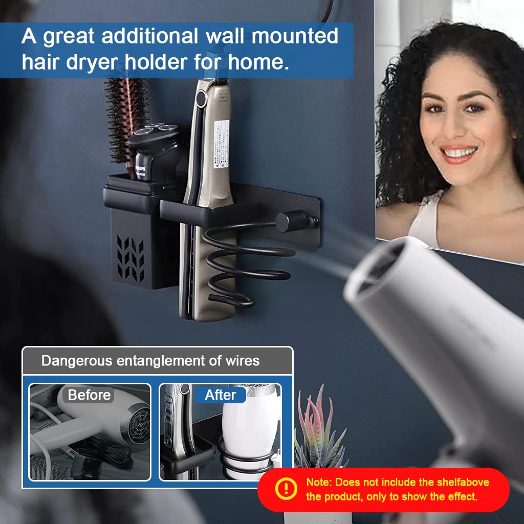 HASTHIP 3 in 1 Hair Dryer Stand Hair Dryer Holder for Wall, Wall Mounted Hair Dryer Rack, Blow Dryer Holder, Hair Dryer Rack & Hair Styling Care Tool Organizer - Storage Basket with Plug Hook, Black