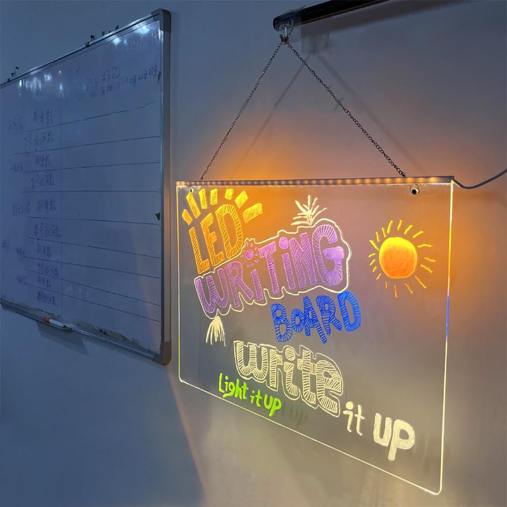 Climberty Hanging 3D Acrylic Writing Board with 7 Color Pen, 11.8'' X 7.9'' Light up Dry Erase Board LED Message Board with Hanging Chain, Reusable Welcome Board Writing Board for Shop, Home, Office