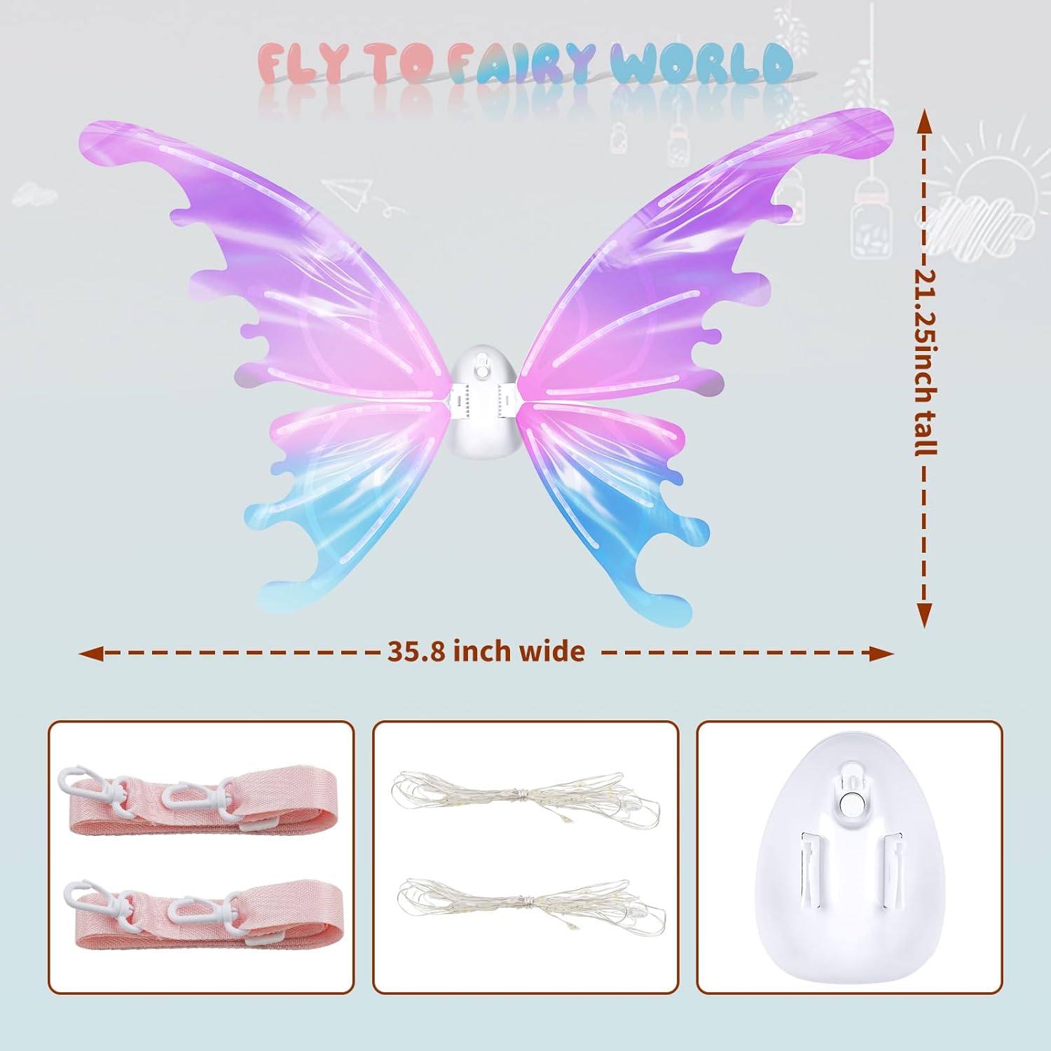 PATPAT® Electric Butterfly Wings for Girls with LED Lights and Music, Light Up Moving Fairy Wings for Halloween Christmas Birthday Party, Princess Cosplay Costume Accessory Gift for Kids 5+ Years