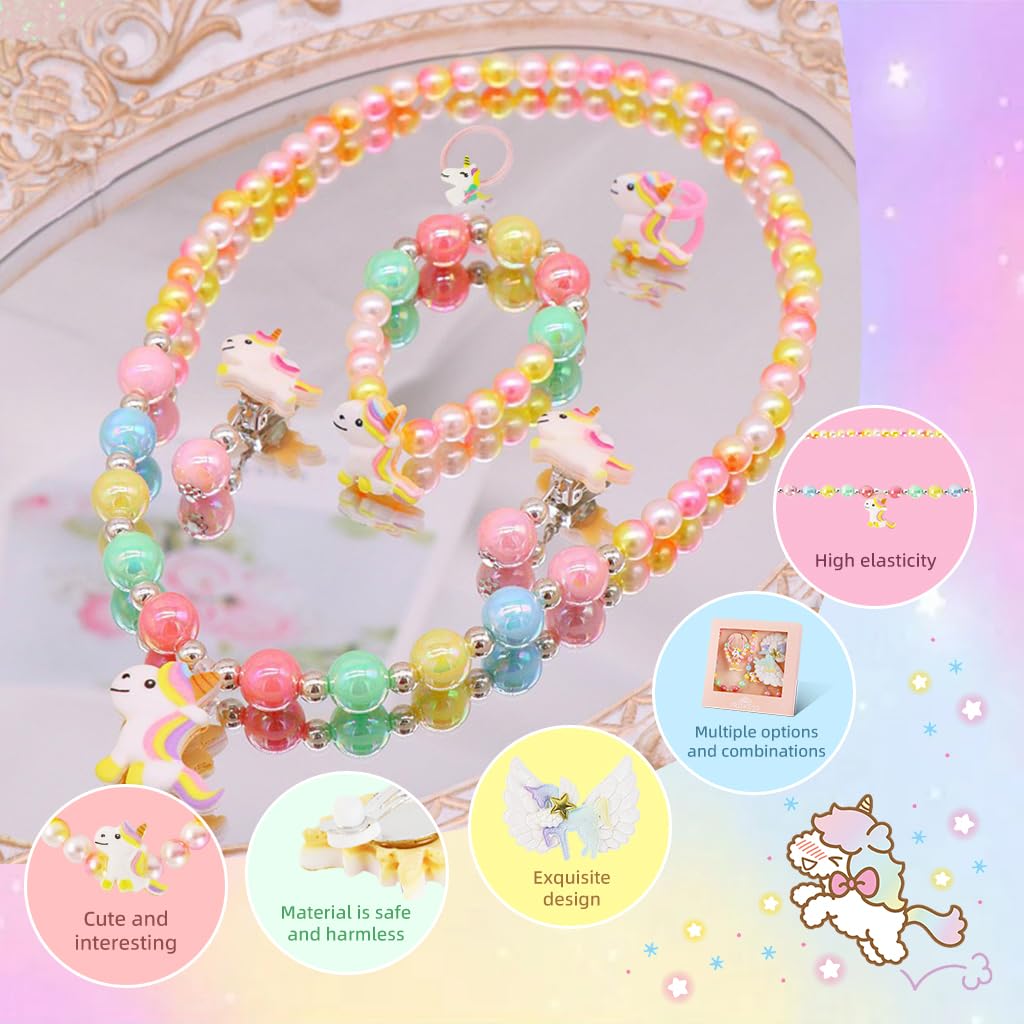 SANNIDHI Unicorn Kids Jewellery Set for Girls Pearl Beads Bracelet, Necklace, Earrings, Ring Combo Kit for Party Costume Bracelet Necklace Set for Kids Girls Birthday Gift for Girls - 8 Pcs
