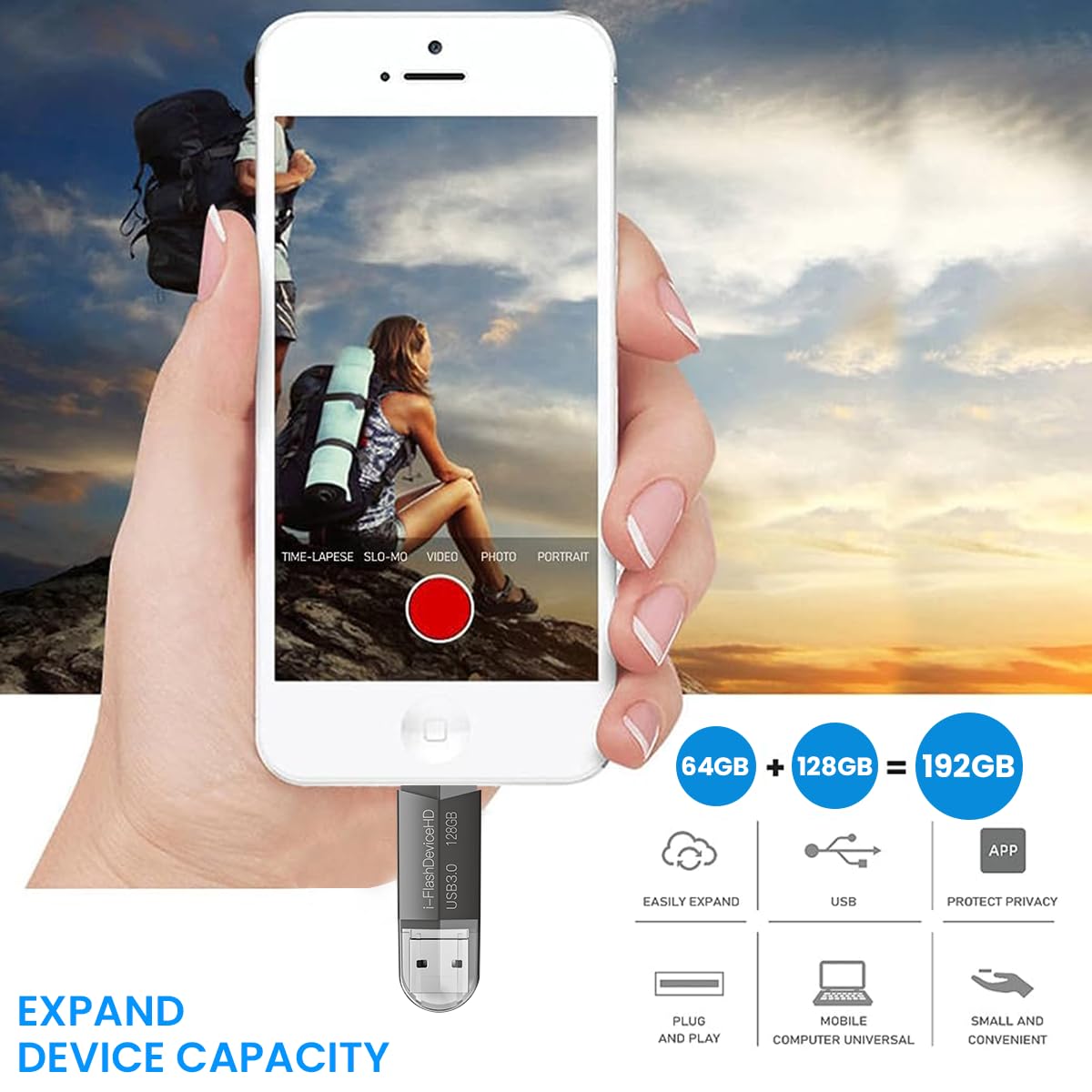 Verilux Pendrive 128GB, 3-in-1 128GB Flash Drive with Light-ning, USB3.0, Micro USB High Speed Memory Stick Thumb Drives External Storage Compatible with iPhone/iPad/Android/PC