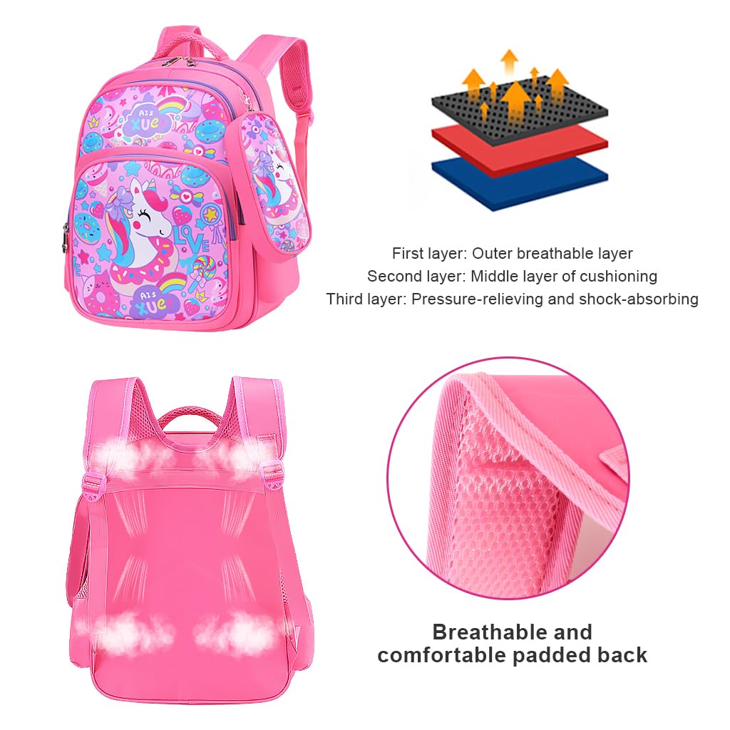 PALAY School Backpack Pencil Pouch Pink Unicorn Print School Backpack for Schoolgirls, Waterproof Backpack for School, Travel, Camping Burden-relief Backpack School Gift for Kids 6-8Years Old