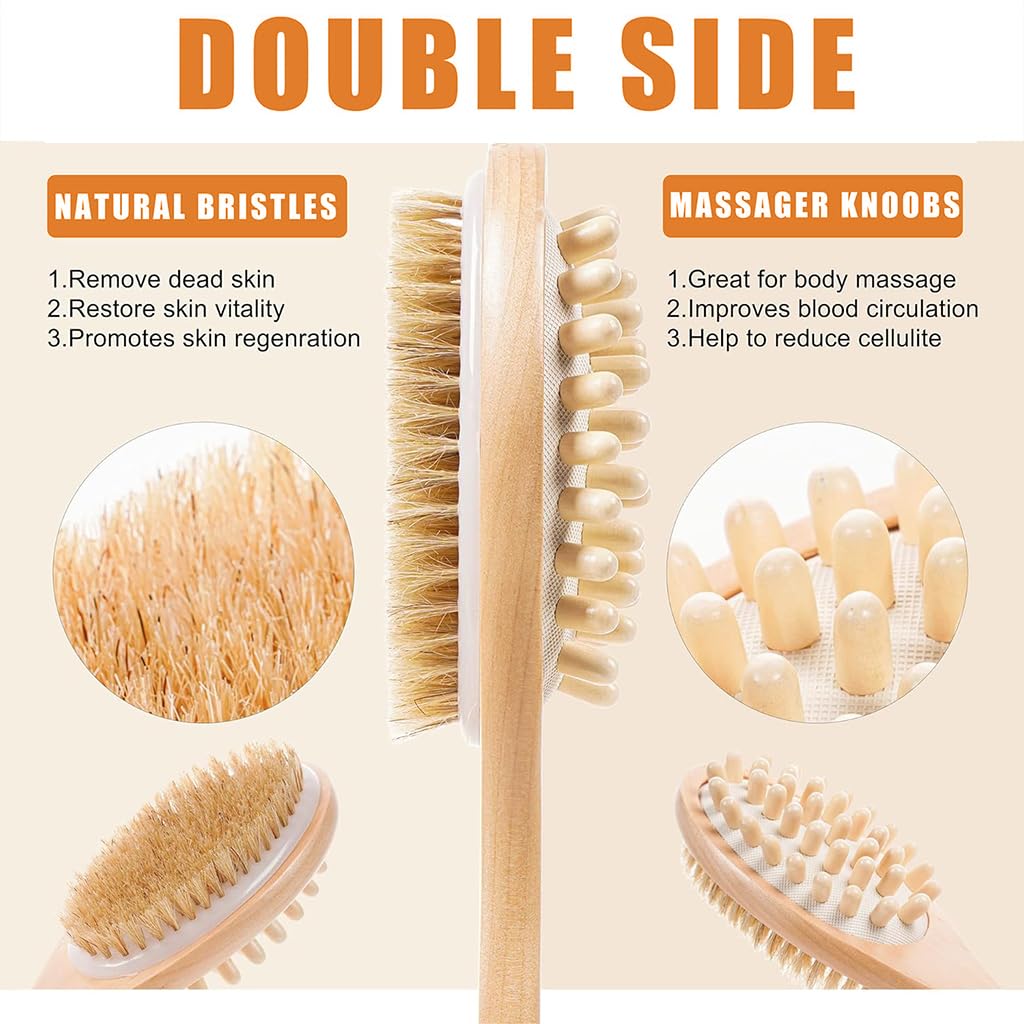 MAYCREATE Double Side Bath Brush for Women And Men Natural Bristles Dry Brush for Body Brush Back Scrubber Wooden Long Handle Brush Shower Brush Remove Exfoliating and Massage Shower