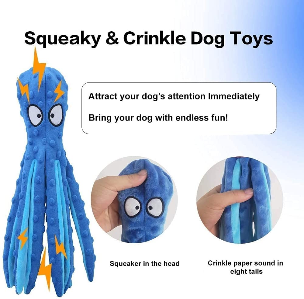 Qpets Squeaky Dog Toys with Crinkle Paper for Puppy Teething Durable Dog Chew Toy Funny Interactive Pupper Toys for Small to Medium Dogs Training and Playing Blue