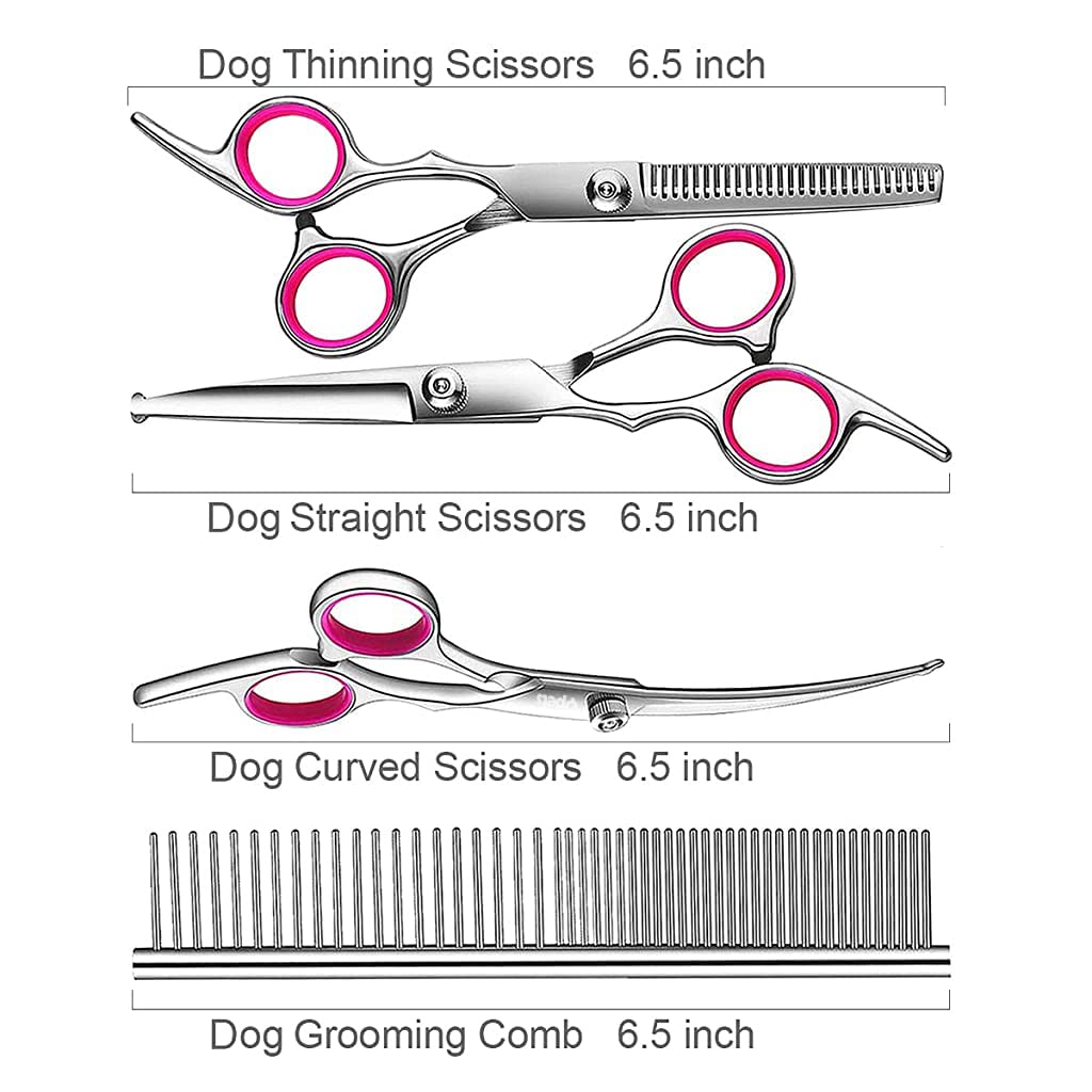 Qpets Dog Grooming Scissors Kit with Safety Round Tips Stainless Steel Professional Dog Grooming Shears Set - Thinning, Straight, Curved Shears and Comb for Long Short Hair for Dog Cat Pet (4 PCS)