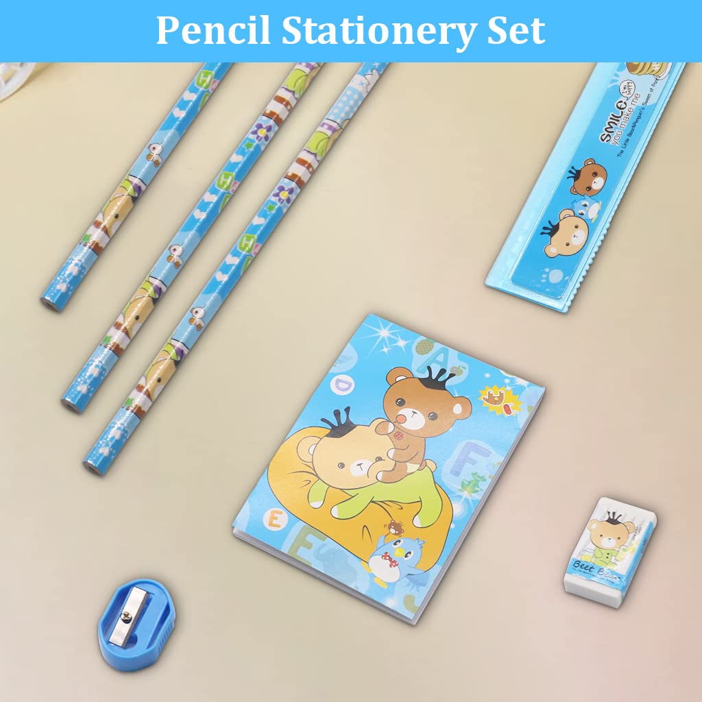HASTHIP 6PCS Pencil Set for Girls, Pencil for Kids Girls, Stationary Set for Girls, Include 2 Pencils, 1 Pencil Sharpener, 1 Notebook, 1 Cartoon Ruler, 1 Eraser (Blue)
