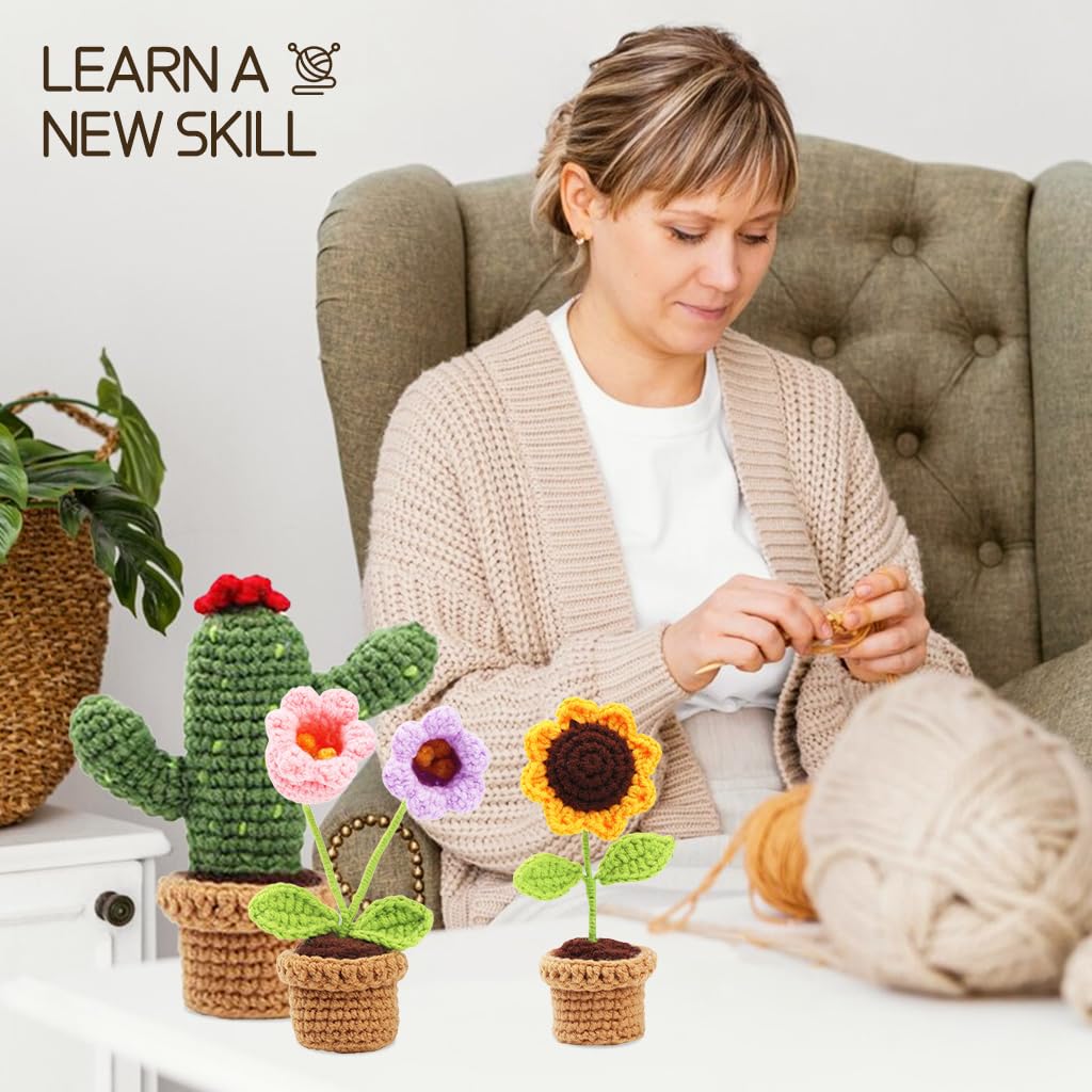 PATPAT DIY Crochet Art Material Kit 6Pcs Mini Flower Pot DIY Crochet Art Kit Starter Friendly DIY Crochet Art Material Kit Gift DIY Crochet Kit Home Decor Crochet Kit for Beginners with Yarn
