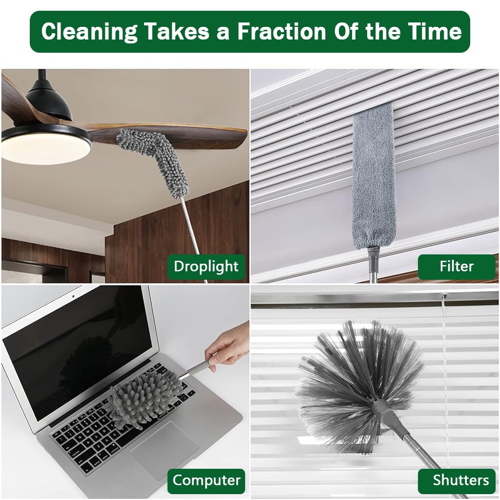 HASTHIP Microfiber Feather Duster - 6 PCS Reusable Bendable Washable Cobweb Duster with 100 inches Extra Long Extension Pole for Cleaning Ceiling Fans, High Ceilings, Blinds, Furniture & Cars