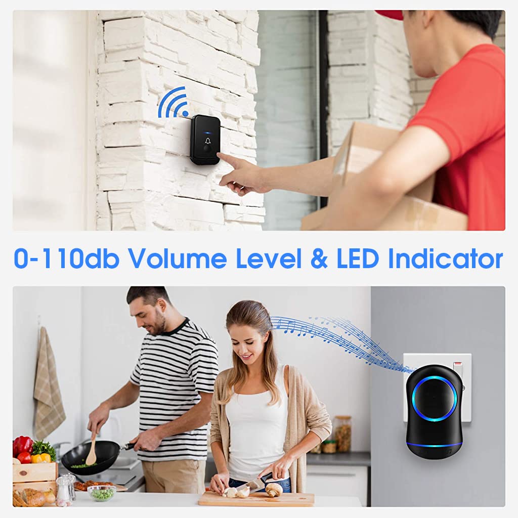 HASTHIP Self-Powered Door Bell for Home Electrical Wireless Door Bell Waterproof IP44 2 Receiver & 1 Transmitter Ding Dong Bell with Flashing Light Smart Door Bells 45 Ringtones 4 Level Volume