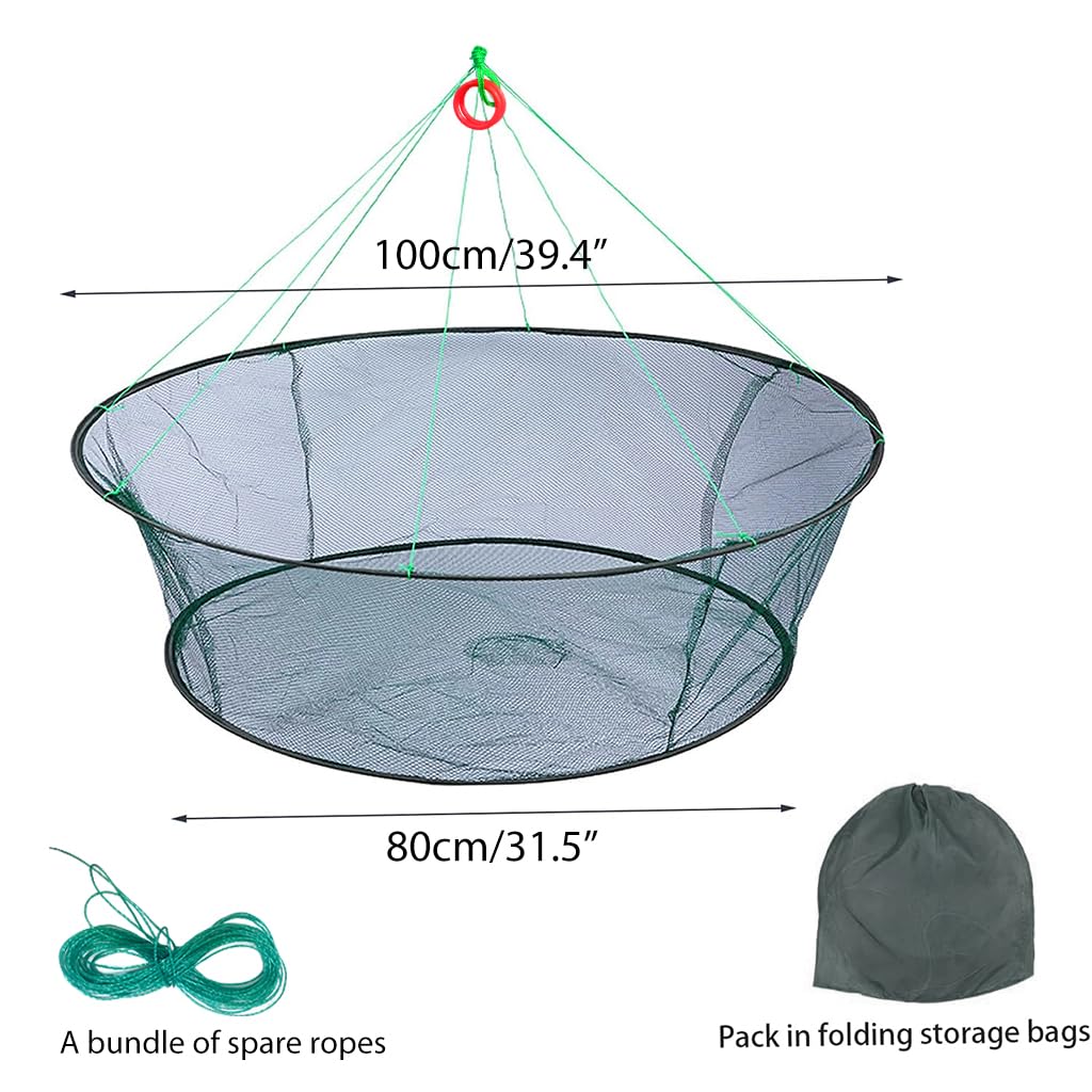 Proberos Foldable Fishing Net, 39 Inches Wide Open Hand Casting Cage Crab Net, Fishing Basket, Sturdy Nylon Mesh Fishing Net for Shrimps, Crab, Lobsters, Fishes