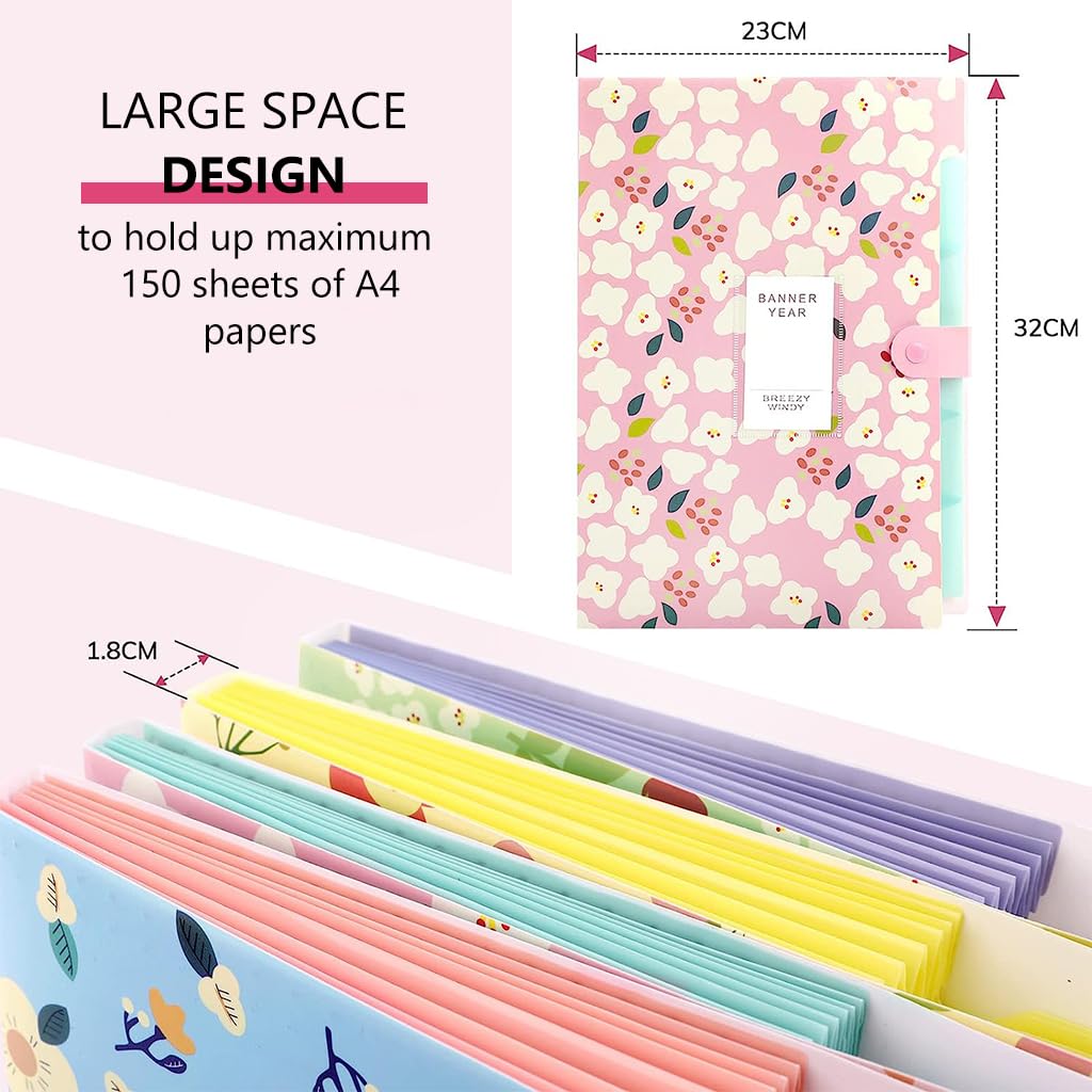 Climberty 4 Pack Expanding File Folder with Separate 6 Compartments, Accordion Document/Letter A4 Size Floral Print Plastic File Folders for Organization Travel File Folder with Snap Button Closure